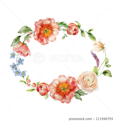Watercolor wreath of bouquet with ranunculus, peony and leaves. Hand painted card of floral elements isolated on white background. Holiday flowers Illustration for design, print or background. 111990795
