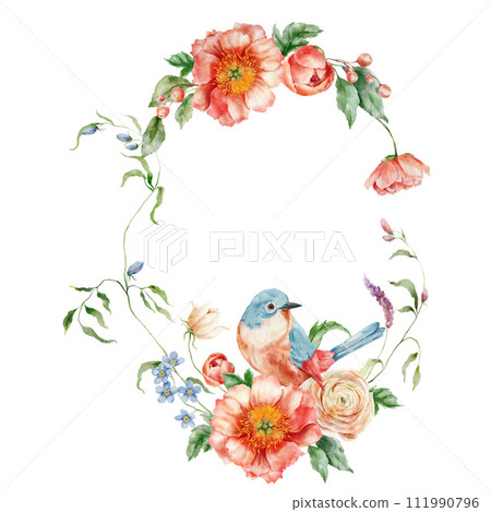 Watercolor wreath of bouquet with ranunculus, peony and song bird. Hand painted card of floral elements isolated on white background. Holiday flowers Illustration for design, print or background. 111990796