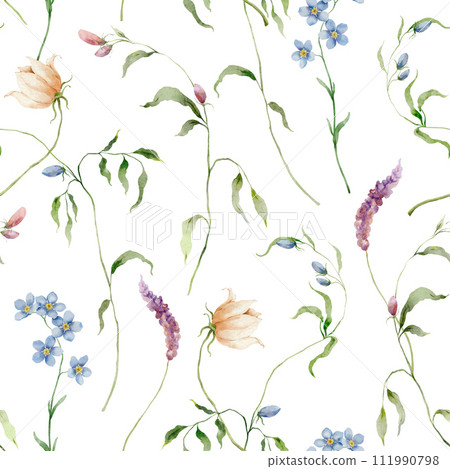 Watercolor floral seamless pattern of forget-me-not, anemone, narcissus, lavender and leaves. Hand painted flowers illustration isolated on green background. For design, print, fabric or background. 111990798
