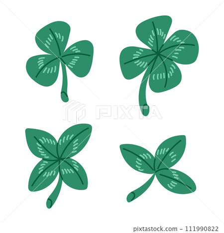 Flat hand drawn set of shamrock and clover leaves on white background. Irish traditional element. St Patricks Day decoration. Unique print design, decoration, stickers 111990822