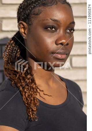 Solemn Young Woman with Braided Hair in Sunlight Solemn Young Woman with Braided Hair in Sunlight 111990874