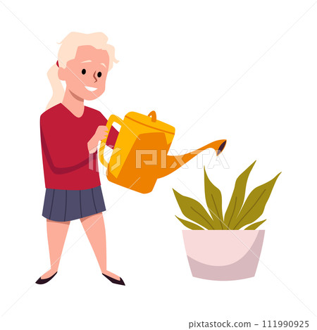 Cute girl watering plant in pot from a watering can, cartoon vector happy little kid doing housework, cleaning duty Cute girl watering plant in pot from a watering can, cartoon vector happy little kid doing housework, cleaning duty 111990925