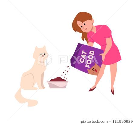 Smiling child girl pours food into cat's bowl flat style 111990929