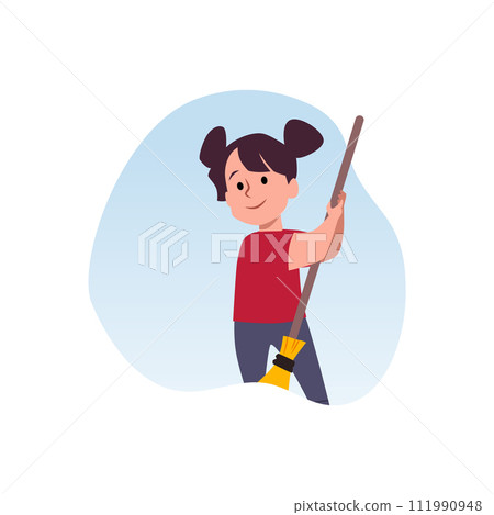 Cute child girl sweeps with yellow broom flat style Cute child girl sweeps with yellow broom flat style 111990948