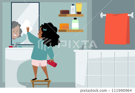 Flat vector illustration of a child cleaning and washing a bathroom mirror. 111990964