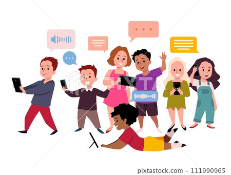 Cute kids holding phone with online messaging icons, vector cartoon children using gadget, communication technology Cute kids holding phone with online messaging icons, vector cartoon children using gadget, communication technology 111990965