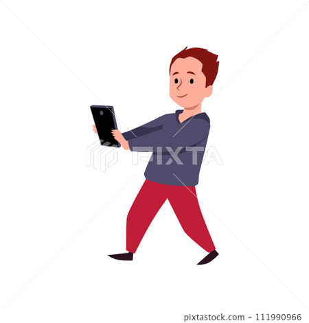 Cute child walking and looking at the smartphone, vector little boy using mobile gadget for video or online broadcast 111990966