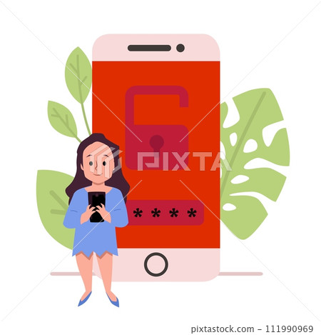A girl and a huge unlocked phone screen, illustrating the use of children's gadgets. 111990969