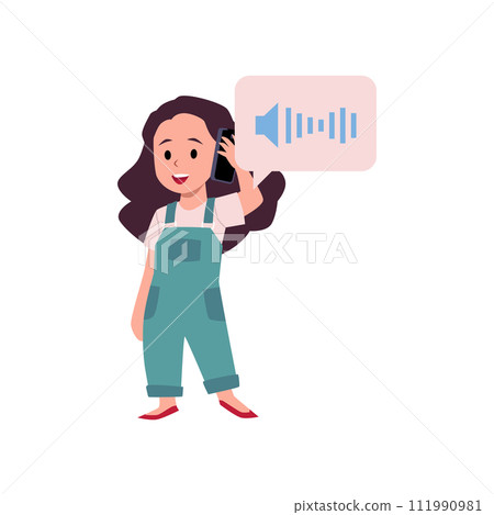 Cute child girl in turquoise jumpsuit listening voice message with mobile phone Cute child girl in turquoise jumpsuit listening voice message with mobile phone 111990981