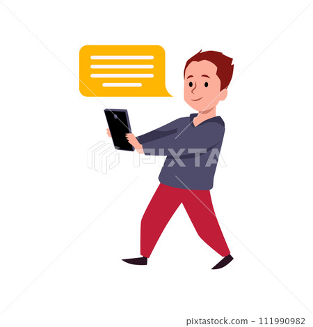 Vector illustration of a boy with a phone, absorbed in reading a message or information. Vector illustration of a boy with a phone, absorbed in reading a message or information. 111990982