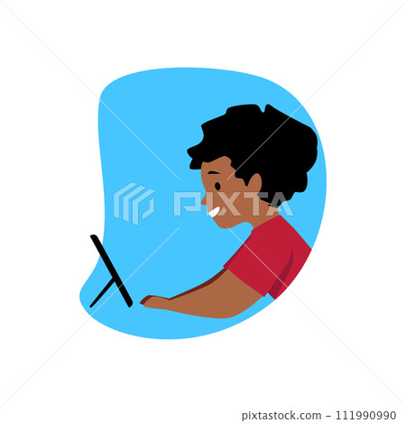 Cute child looking at the smartphone or tablet, vector little boy using gadgets, kid online education or communication Cute child looking at the smartphone or tablet, vector little boy using gadgets, kid online education or communication 111990990