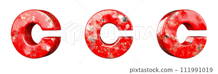 Letter C from Red scratched metallic letters alphabet collection set. Isolated. 3D Rendering 111991019