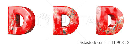Letter D from Red scratched metallic letters alphabet collection set. Isolated. 3D Rendering 111991020