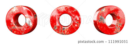 Letter O from Red scratched metallic letters alphabet collection set. Isolated. 3D Rendering 111991031