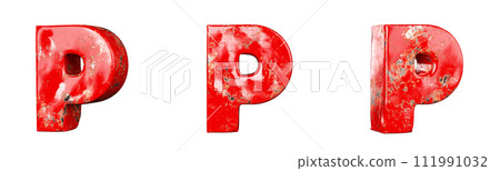 Letter P from Red scratched metallic letters alphabet collection set. Isolated. 3D Rendering 111991032