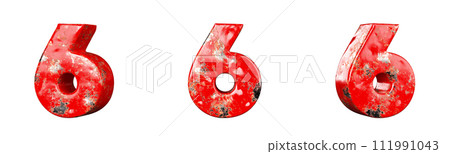 Number 6 (Six) from Red scratched metallic numbers collection set. Isolated. 3D Rendering 111991043