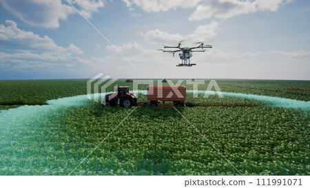Autonomous agriculture drone flying to analyze the agricultural plot, Agriculture innovation with smart farming concept, 3d render Autonomous agriculture drone flying to analyze the agricultural plot, Agriculture innovation with smart farming concept, 3d render 111991071
