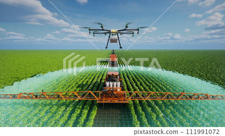 Autonomous agriculture vehicle and drone are working in agricultural plot, Agriculture technology with smart farming concept, 3d render Autonomous agriculture vehicle and drone are working in agricultural plot, Agriculture technology with smart farming concept, 3d render 111991072