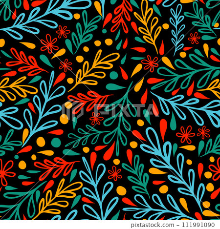 Seamless pattern of colorful twigs and flowers on a black background. hand drawing. Not AI, Vector illustration Seamless pattern of colorful twigs and flowers on a black background. hand drawing. Not AI, Vector illustration 111991090