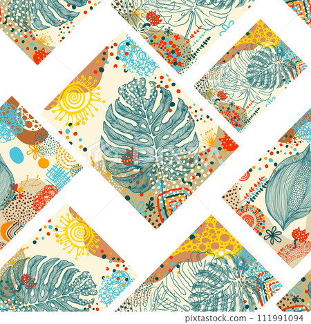 Floral seamless pattern. Seamless backgroundof monstera leaves. hand drawing. Not AI, Vector illustration 111991094