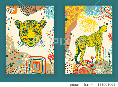 Colored posters with a cheetah. hand drawing. Not AI, Vector illustration 111991095