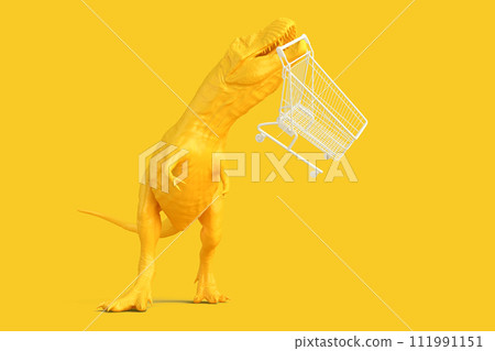 Dinosaur with shopping cart. 3D illustration. Contains clipping path 111991151