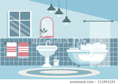 Cozy bathroom. Bathroom interior with bathroom furniture, bathtub, washbasin, towels, mirror, window, house plants. Flat illustration. Vector 111991283