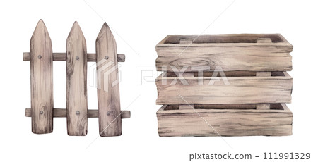 Cute illustration box made of aged beige wooden boards with a wood texture and fence made. Hand drawn watercolor easter illustration, isolated object on white background. For design and decoration. Cute illustration box made of aged beige wooden boards with a wood texture and fence made. Hand drawn watercolor easter illustration, isolated object on white background. For design and decoration. 111991329