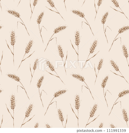 Seamless wheat spikelet pattern. Watercolor herbal background with wheat spica, oats spikelet illustration for textile, wallpapers, bakery decor. Wheat spikelet watercolor seamless pattern 111991339