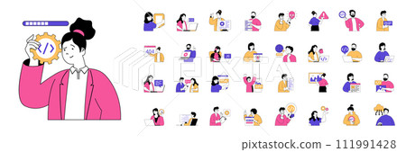 Programming concept with character situations mega set in flat web design. Bundle of scenes people coding and engineering programs, searching bugs, testing and make optimization. Vector illustrations. Programming concept with character situations mega set in flat web design. Bundle of scenes people coding and engineering programs, searching bugs, testing and make optimization. Vector illustrations. 111991428