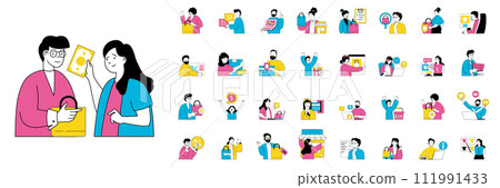 Shopping concept with character situations mega set in flat web design. Bundle of scenes people buying new goods in store, ordering online, purchasing at retail store showroom. Vector illustrations. Shopping concept with character situations mega set in flat web design. Bundle of scenes people buying new goods in store, ordering online, purchasing at retail store showroom. Vector illustrations. 111991433