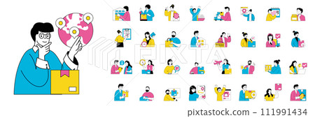 Delivery concept with character situations mega set in flat web design. Bundle of scenes people sending parcels, using couriers and global shipping service, tracking packages. Vector illustrations. Delivery concept with character situations mega set in flat web design. Bundle of scenes people sending parcels, using couriers and global shipping service, tracking packages. Vector illustrations. 111991434