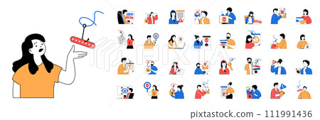Phishing concept with character situations mega set in flat web design. Bundle of scenes people getting spam emails, personal data phishing and hacking accounts, searching bugs. Vector illustrations. 111991436