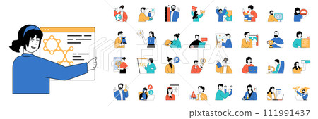 Education concept with character situations mega set in flat web design. Bundle of scenes people learning at school or university, gaining skills and knowledges, doing science. Vector illustrations. Education concept with character situations mega set in flat web design. Bundle of scenes people learning at school or university, gaining skills and knowledges, doing science. Vector illustrations. 111991437