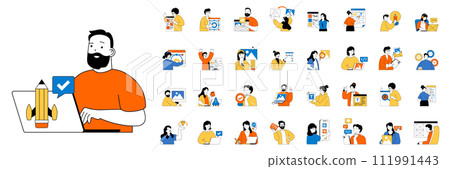 Design development concept with character situations mega set in flat web design. Bundle of scenes people creating interface layouts, making digital content, programming apps. Vector illustrations. Design development concept with character situations mega set in flat web design. Bundle of scenes people creating interface layouts, making digital content, programming apps. Vector illustrations. 111991443