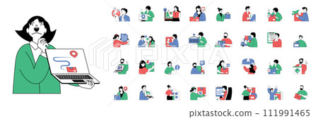 Delivery concept with character situations mega set in flat web design. Bundle of scenes people using global logistic service, tracking parcel route map, using courier shipping. Vector illustrations. 111991465