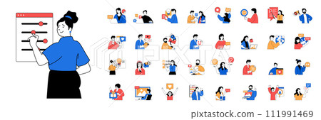 Social media concept with character situations mega set in flat web design. Bundle of scenes people communicating online with friends, sending emails, likes new posts and photos. Vector illustrations. 111991469