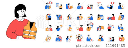 Insurance concept with character situations mega set in flat web design. Bundle of scenes people protecting money, car, house, health and use other insurance safety programs. Vector illustrations. 111991485