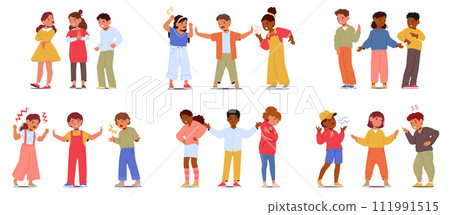 Set Of Kids Mediators Calmly Listens To Fighting Friends, Encourages Open Communication, And Suggests Compromises Set Of Kids Mediators Calmly Listens To Fighting Friends, Encourages Open Communication, And Suggests Compromises 111991515