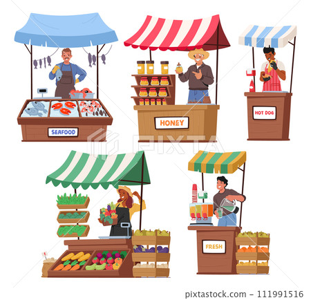 Farmers With Natural Farming Production, Fresh Fish and Seafood, Honey. Hot Dog, , Vegetables And Juice Set 111991516