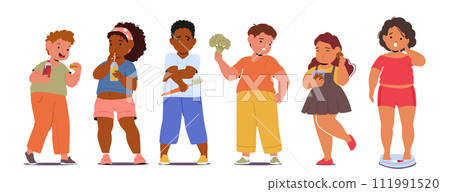 Overweight Kids With Excess Body Weight Due To Unhealthy Eating Habits And Lack Of Physical Activity. Fat Children Overweight Kids With Excess Body Weight Due To Unhealthy Eating Habits And Lack Of Physical Activity. Fat Children 111991520
