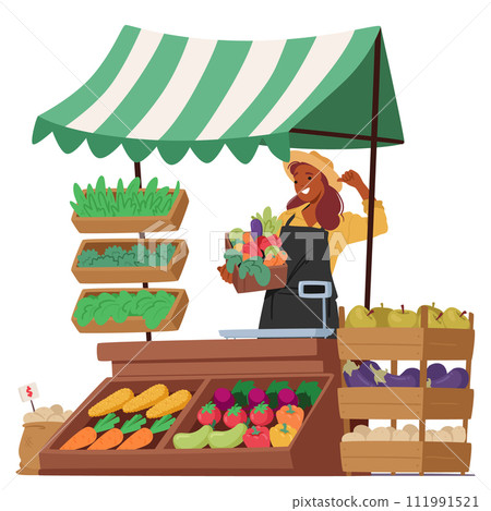 Female Farmer Character Proudly Displays A Vibrant Array Of Fresh Vegetables And Greenery At Market Stall Female Farmer Character Proudly Displays A Vibrant Array Of Fresh Vegetables And Greenery At Market Stall 111991521