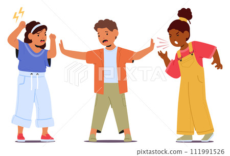 Kid Mediator Stand Between Fighting Friends, Guide Discussion, Fostering Compromise And Understanding For Resolution Kid Mediator Stand Between Fighting Friends, Guide Discussion, Fostering Compromise And Understanding For Resolution 111991526