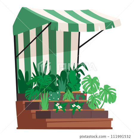Gardener Stall Kiosk With Green Striped Canopy, Offering Vibrant Blooms, Flowers And Lush Greenery, Vector Illustration 111991532