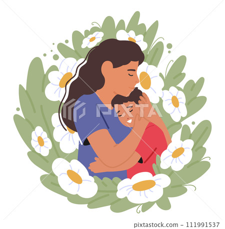 Tender Portrait Capturing Mother Character Embrace Her Child, Their Faces Aglow With Love, Encapsulating An Eternal Bond Tender Portrait Capturing Mother Character Embrace Her Child, Their Faces Aglow With Love, Encapsulating An Eternal Bond 111991537