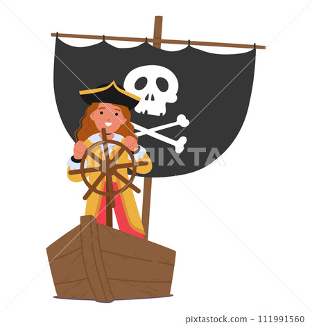 Kid Pirate Character Stands Defiantly At The Ship Helm, Eyes Ablaze With Adventure, Steering Towards Unknown Seas 111991560