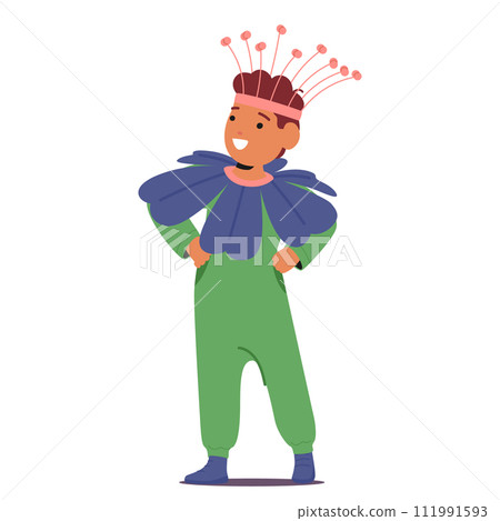 Small, Enchanting Boy Character Adorned In Vibrant Flower Costume, Petals Delicately Draped Around Him 111991593