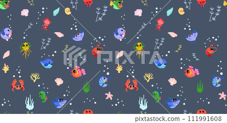 Marine seamless pattern for printing on fabric and wrapping paper. Pattern with sea animals and plants for childrens textiles and clothing. Background for cards Vector Marine seamless pattern for printing on fabric and wrapping paper. Pattern with sea animals and plants for childrens textiles and clothing. Background for cards Vector 111991608