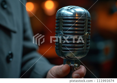 Vintage microphone against a bokeh background. Live performance or recording session 111991674