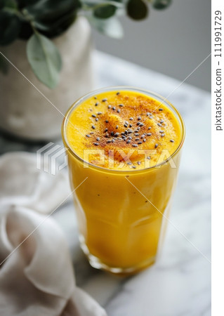 Close up fresh blended fruit curcuma smoothie in drinking glass on white marble background 111991729